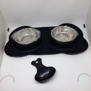 URPower Dog/Cat Food & Water Bowl Set with Bone Shaped Mat